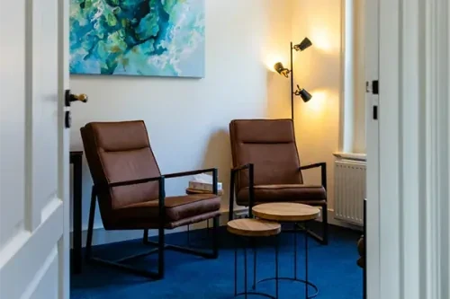 Behandelkamer met blauw tapijt, een staande lamp en twee bruine stoelen met kleine salontafeltjes ervoor en een schilderij tegen de muur.