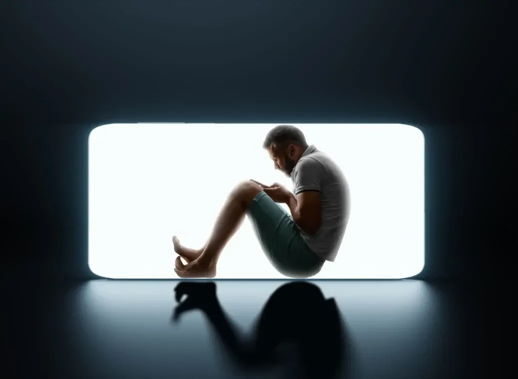 Zittende man op grond in kleine ruimte, zit stiekem op zijn telefoon te kijken en vertoont kenmerkend gedrag van een gokker.