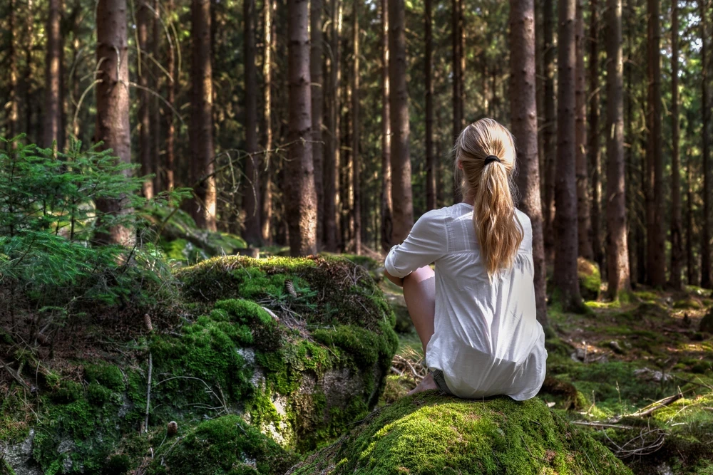 Vrouw zit op een rotsblok in het bos te wachten.