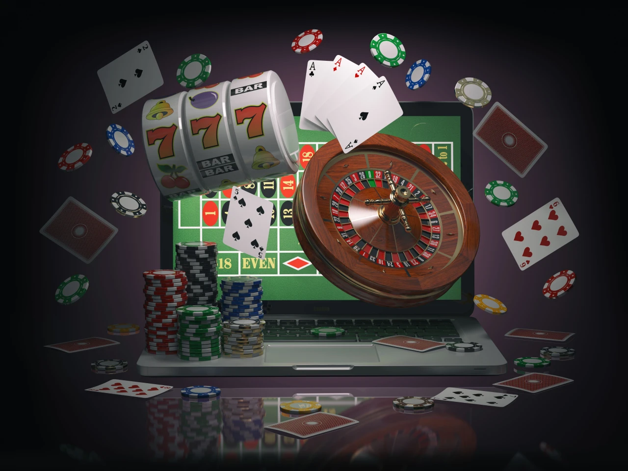 Verschillende gokbenodigdheden zoals een roulettetafel, gokkaarten, fiches en een laptop.